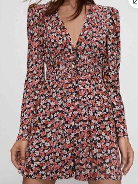 🌸 Zara Floral V-Neck Smocked Waist Long Sleeve Mini Dress Black Pink Size Large